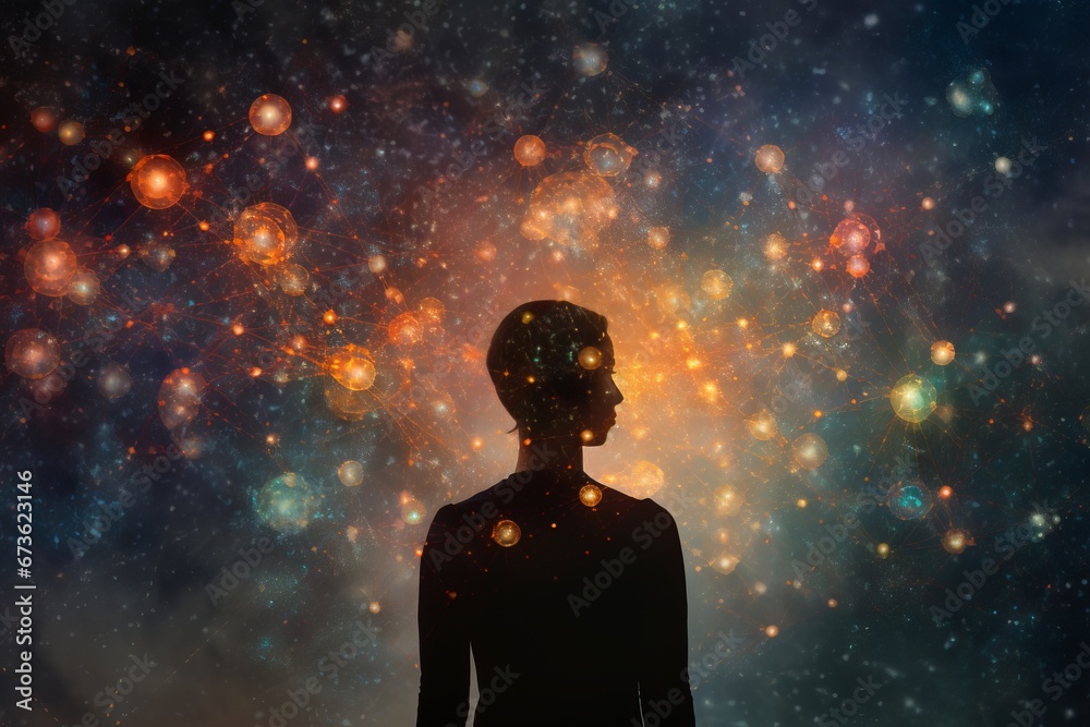 Abstract image of a person's silhouette surrounded by a constellation of interconnected thought bubbles - obrazy, fototapety, plakaty 