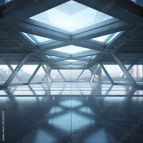 A 3D Render of Abstract Futuristic Glass Architecture with an Expansive Empty Concrete Floor, Inviting Imagination and Exploration