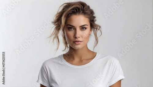 photo of a young beautiful woman in a white T-shirt isolated on a white background