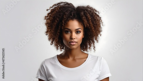 photo of a young beautiful black woman in a white T-shirt isolated on a white background © Amir Bajric