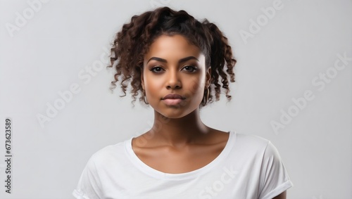 photo of a young beautiful black woman in a white T-shirt isolated on a white background