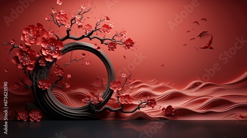 Rendering Abstract Red Background With Chinese Style , Happy New Year Background ,Hd Background