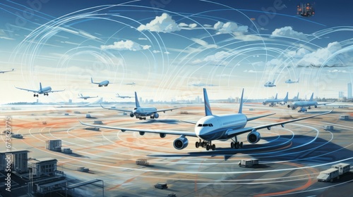 Busy airport with planes taking off and landing, illustrating the dynamics and energy of air travel
