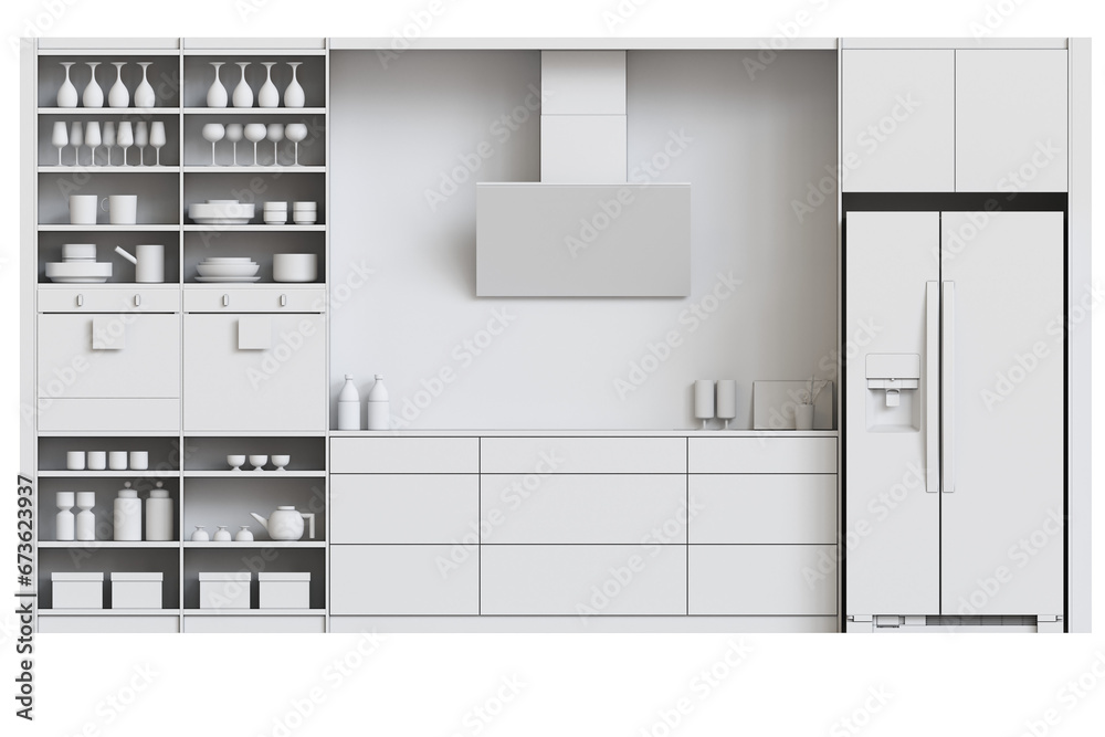 modern kitchen isolated on transparent background, home furniture, 3D illustration, cg render