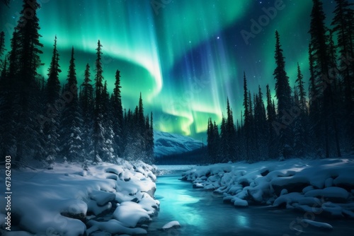 Breathtaking aurora borealis illuminating a night sky above the wilderness © KerXing