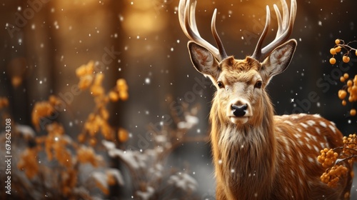 Beautiful Golden Deer With Snowflakes Christmas Greet , Merry Christmas Background ,Hd Background © Pic Hub
