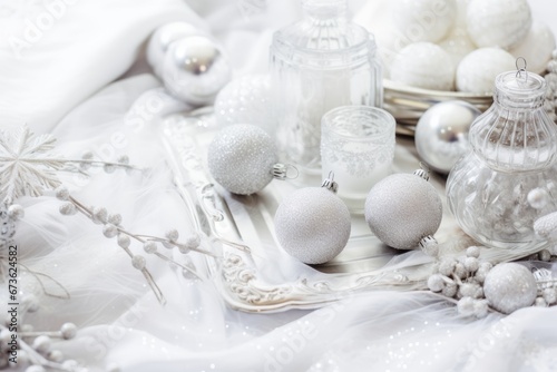 Chic white and silver Christmas flatlay with snowflakes  candles  and glass ornaments