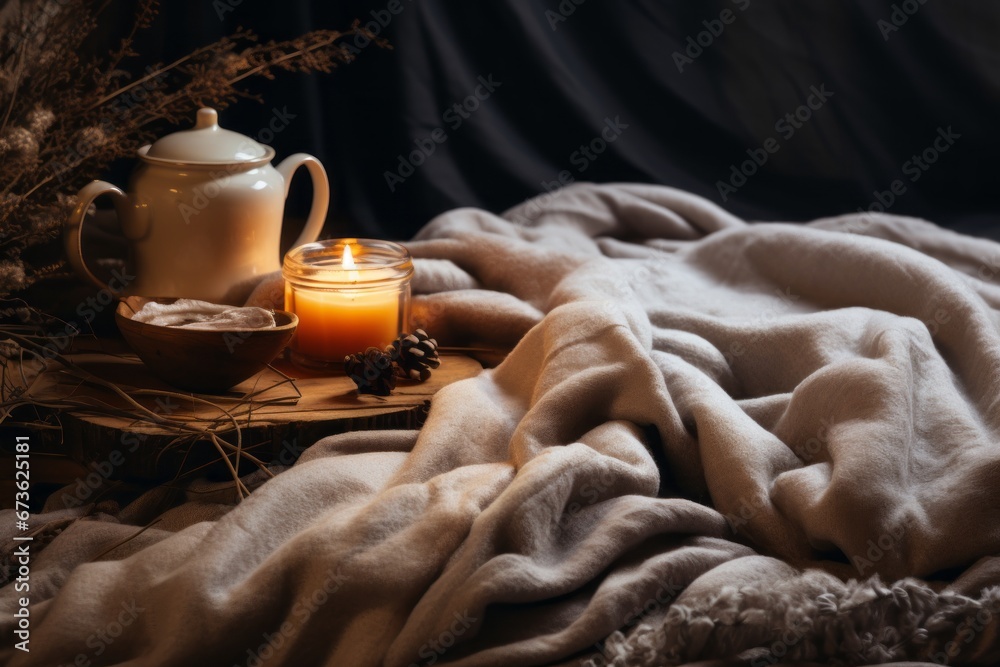 Cozy and inviting social media background with warm blankets and tea