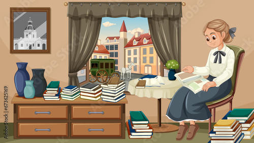 Marie Curie Cartoon Character Studying in Book-Filled Living Room