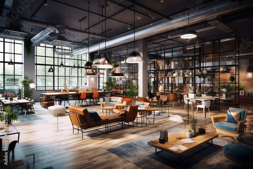 Co working space with a mix of individual workstations and communal areas