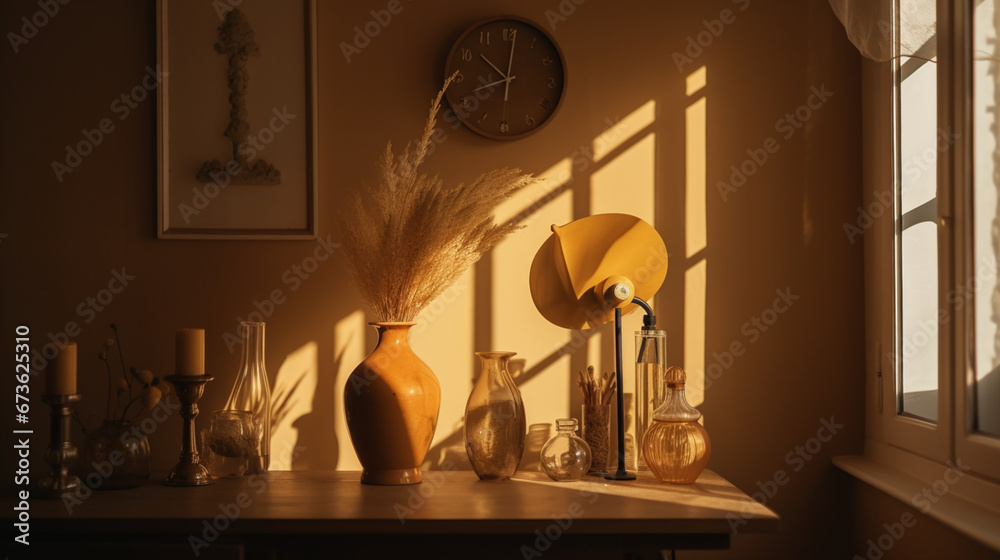 apartment with a lamp, clock, vases, and other objects apartment with a lamp, clock, vases, and other objects