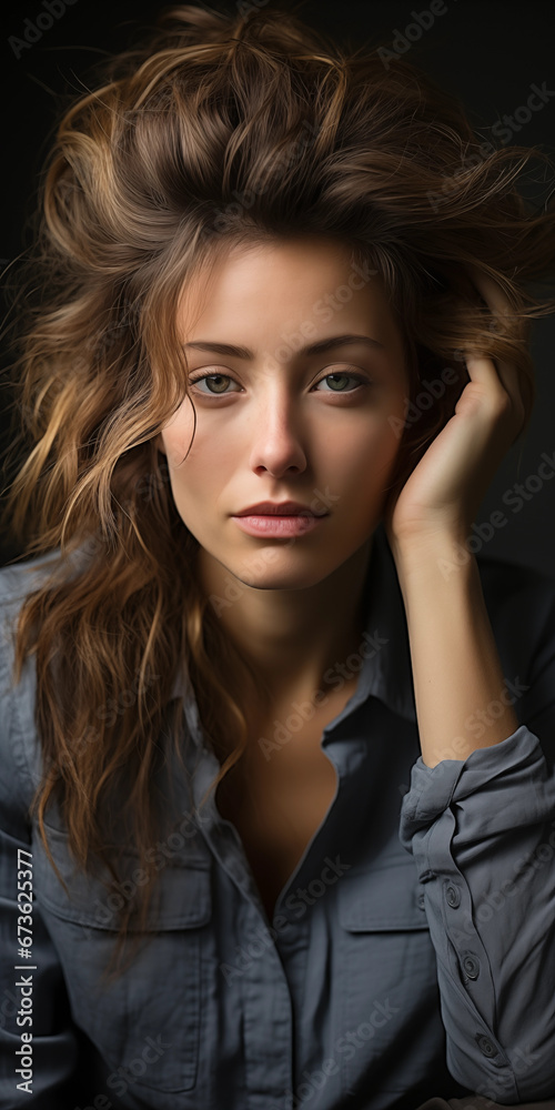 Fototapeta premium Hübsche Junge Frau Gesichtsausdruck mit schweren Depressionen Porträt Hochformat, ai generativ