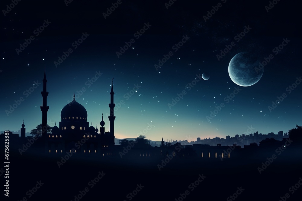 Moonlit mosque shining under the night sky