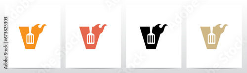 Spatula And Flame Cooking Frying On Letter Logo Design V