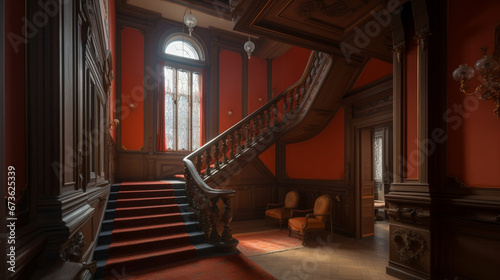 the top of the stairs is, in the style of Tokina opera, Evgeny pushpin, light red and dark amber, carving, academic classicism photo