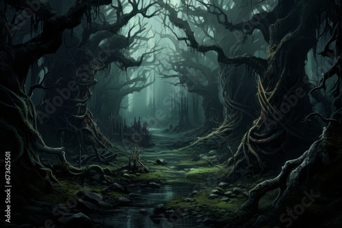 Dense and mysterious forest with towering trees