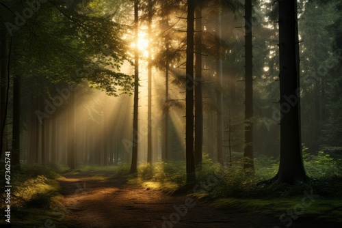 Dreamy forest landscape with sunlight piercing through the trees