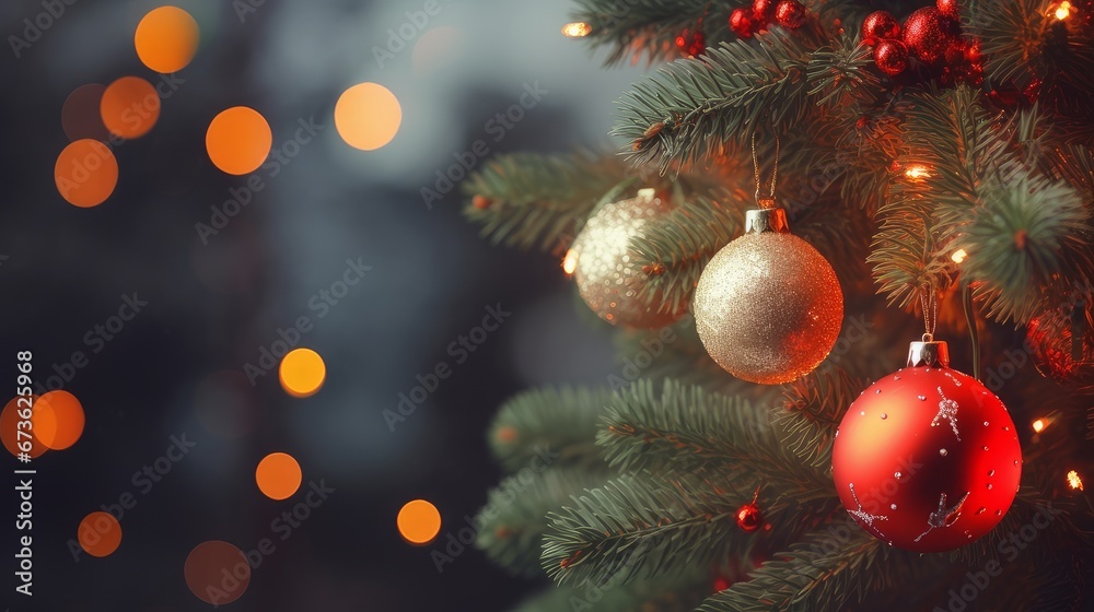Christmas decorations on a green fir tree against a background of lights. Merry Christmas and Happy New Year concept.