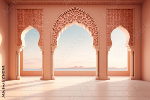 Empty room with arches overlooking the serene beauty of the ocean