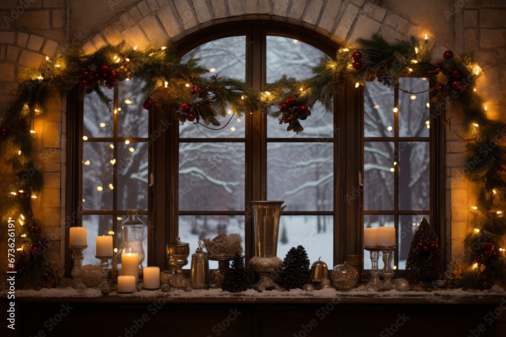 Festive window display with candles and christmas wreaths