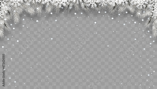 Christmas background,Winter backdrop with Christmas fir tree branches snow flakes border frame,snow falling on transparent background,Vector banner for Merry Christmas and Happy New Year 2024
