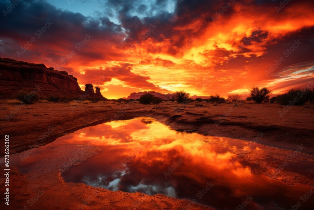 Fiery sunset over a desert landscape, casting warm hues across the scene
