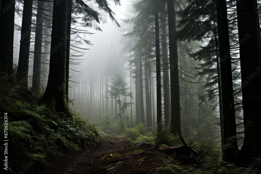 Fototapeta premium Fog settling in the forest, creating an air of mystery