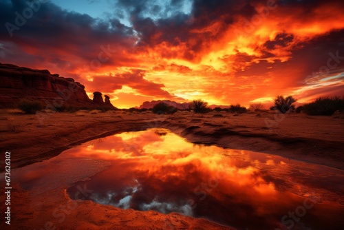 Fiery sunset over a desert landscape, casting warm hues across the scene