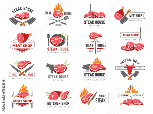 Steak badges. Meat house logo design projects with place for text recent vector steak logotype