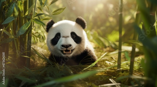 Serene panda bear surrounded by lush bamboo in a peaceful forest setting © KerXing