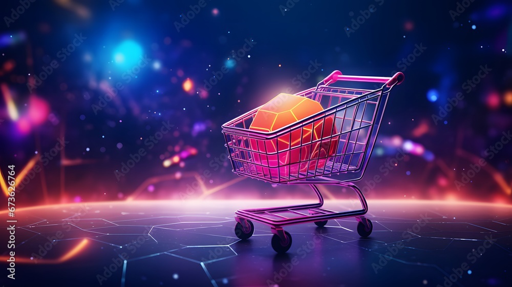 Cyberpunk neon shopping cart background concept. 3D rendering illustration of spreading lines shiny effects for e-com.