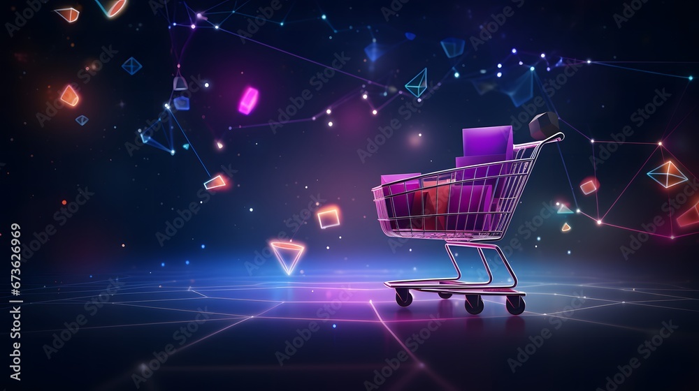 Cyberpunk neon shopping cart background concept. 3D rendering illustration of spreading lines shiny effects for e-com.