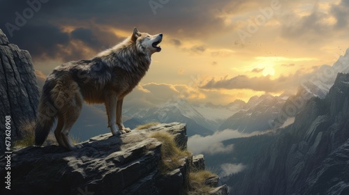 Lone wolf howling on a cliff edge, evoking a sense of solitude and freedom © KerXing