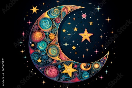 Moon and stars with vibrant colors and Islamic pattern for Mawlid