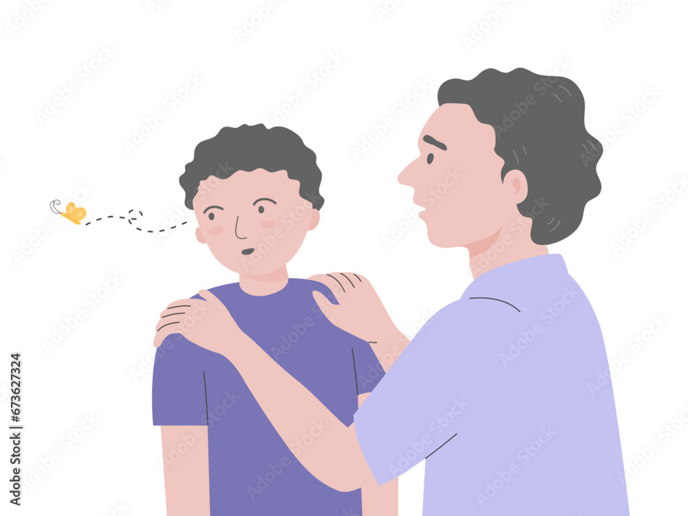 Father talking with ADHD child, he having a short attention span and being easily distracted. Flat vector illustration. Father talking with ADHD child, he having a short attention span and being easily distracted. Flat vector illustration.