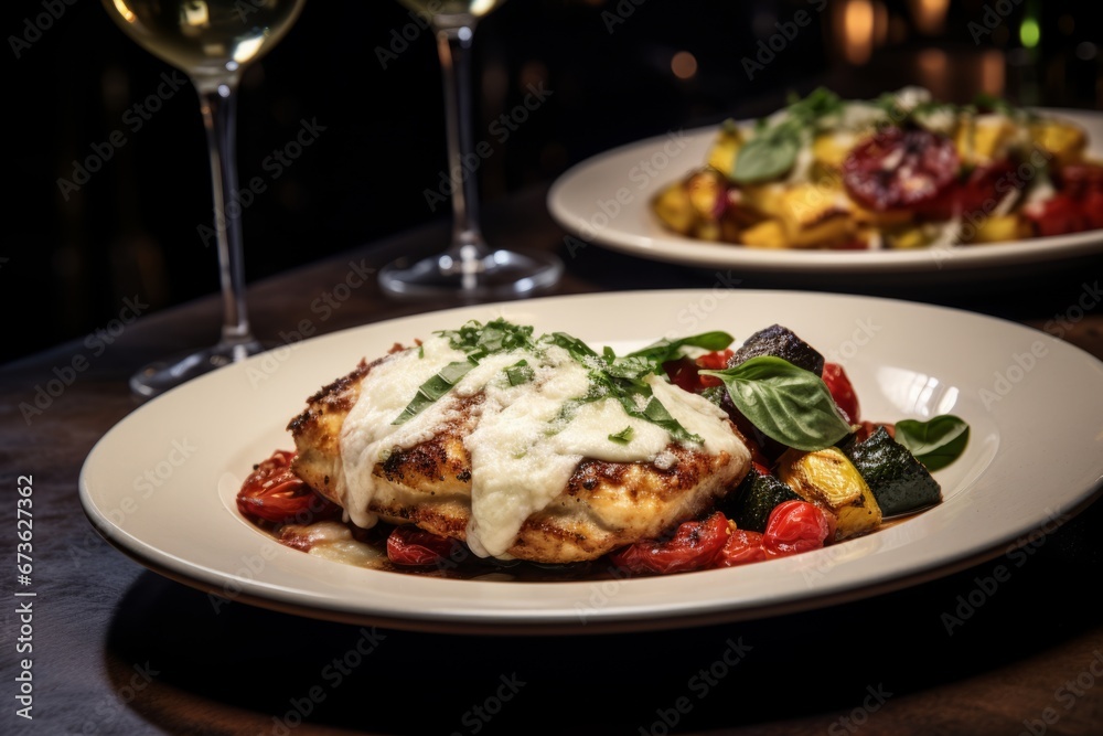 Plates of chicken parmigiana accompanied by roasted vegetables Plates of chicken parmigiana accompanied by roasted vegetables