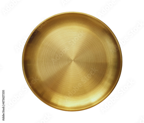 Top view of golden plate isolated on white background with clipping path. Empty gold round flat plate flat lay. Mock up template for food poster design. photo