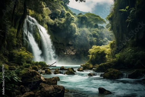 Pristine waterfall surrounded by lush greenery and rocky terrain