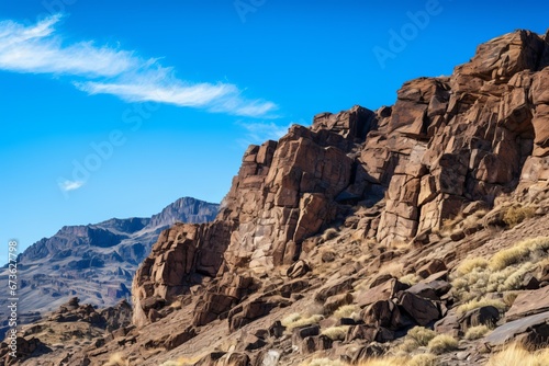 Rocky mountainsides rising dramatically against a clear blue sky