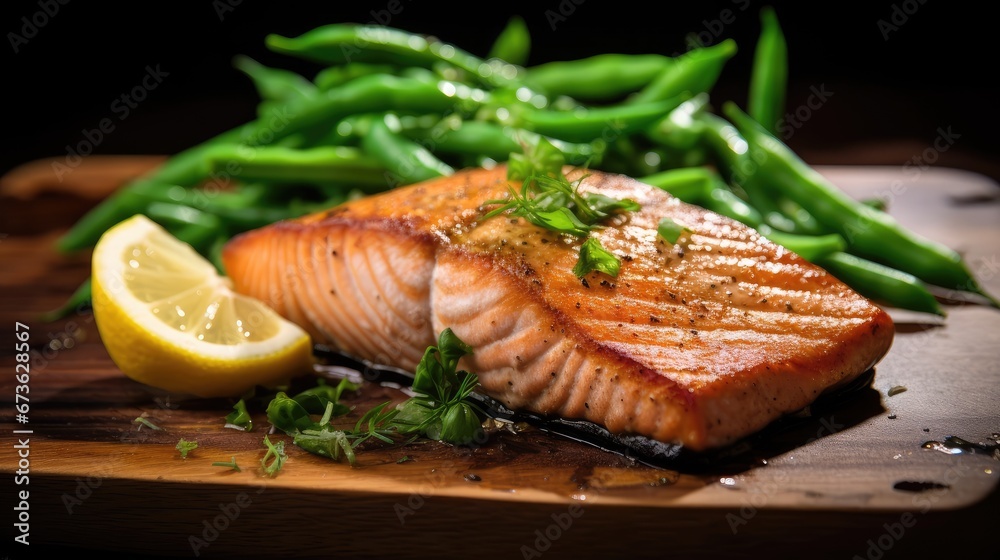Seared salmon steak with green bean and lemons on wooden table with blurry background beautiful, Generative Ai Seared salmon steak with green bean and lemons on wooden table with blurry background beautiful, Generative Ai