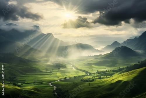 Sunbeams breaking through the clouds and illuminating a lush valley