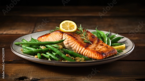 Seared salmon steak with green bean and lemons on wooden table with blurry background beautiful, Generative Ai