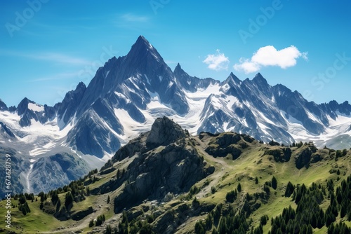 Towering peaks and alpine meadows under a brilliant blue sky