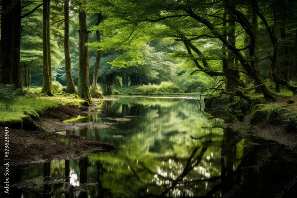 Serene river flowing through a vibrant and verdant forest Serene river flowing through a vibrant and verdant forest