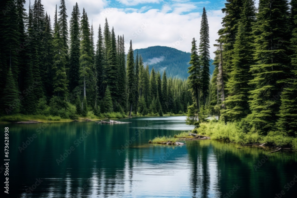 Tranquil lake nestled among a dense forest of evergreen trees