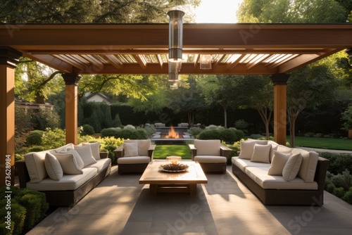 Cozy patio with sofas and a table. Pergola shade over patio. Generative AI © kardaska