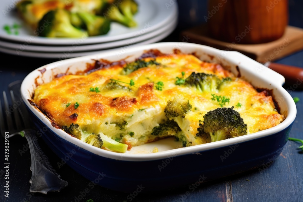 Baked broccoli with eggs and cheese, vegetarian food. Generative AI Baked broccoli with eggs and cheese, vegetarian food. Generative AI