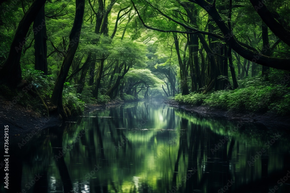 Verdant forest and still waters reflecting the surrounding beauty Verdant forest and still waters reflecting the surrounding beauty