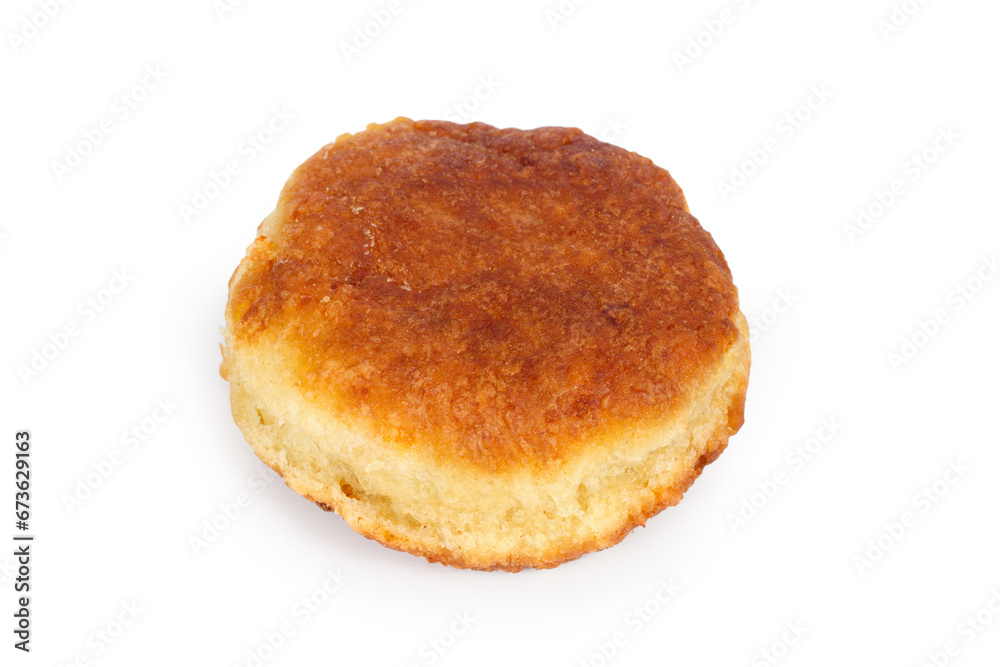 Fried pancake close-up on white background. One homemade pancake. Fried pancake close-up on white background. One homemade pancake.