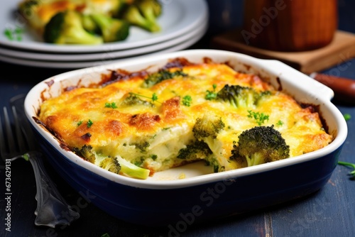 Baked broccoli with eggs and cheese, vegetarian food. Generative AI